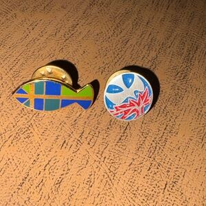Colorful Enamel Fish and Round Lapel Pins - Blue, Green, Red